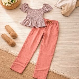 ILLA ILLA 2pc Set Floral Smocked Off Shoulder Top + Coral Drawstring Pants S/M